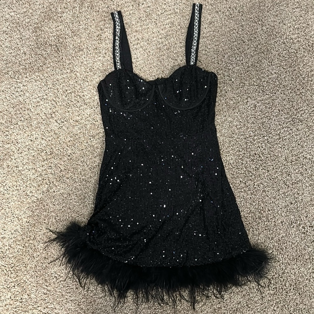 Glamorous Energy Black Sequin Pearl Bustier Mini Dress